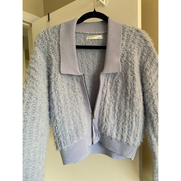 By Anthropologie Zip-Up Brushed Fuzzy Sweater Cardigan Sky Blue Size Small EUC - Picture 10 of 12